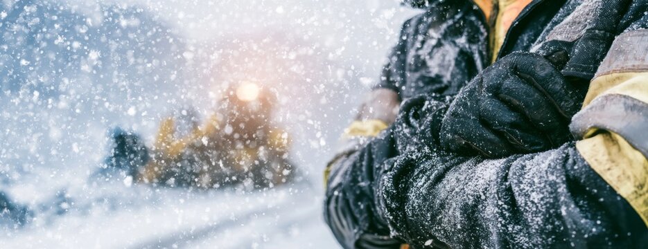 Construction worker in winter gear standing in heavy snowfall, close-up photo  