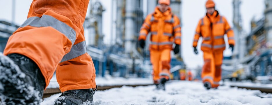 Workers walking on snow at an industrial plant in winter attire  