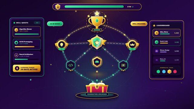 Gamified Learning Skill Tree Interface with Interactive Progression Quests Leaderboard and Achievement Badges in Dark Mode UI Design