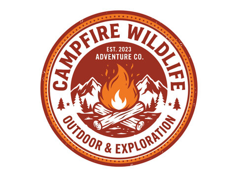 Vintage style circular badge logo featuring a campfire with logs and flames in front of mountain peaks and pine trees in a muted terracotta and cream color palette
