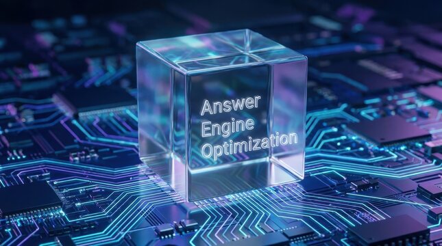 Answer engine optimization text inside glowing glass cube on intricate blue digital circuit board background.