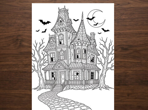 Haunted House Line Art Coloring Page for Halloween with Spooky Trees Bats Crescent Moon and Stone Path