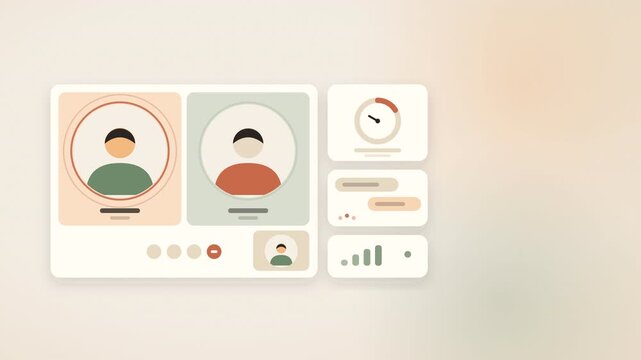 Telemedicine video consultation interface with doctor and patient avatars, warm bento UI, seamless loop