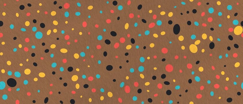 Colorful confetti scattered across a textured brown background, creating a festive abstract pattern with vibrant circular and irregular shapes