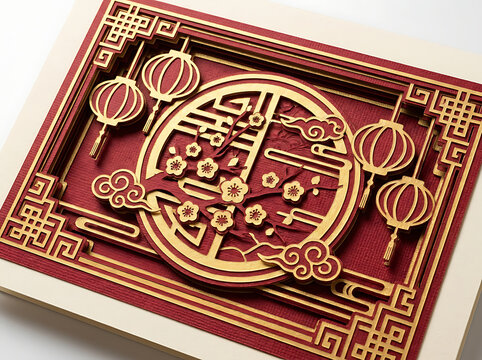 Chinese New Year Paper Cut Frame Background with Red Gold Lanterns and Blossom Flowers