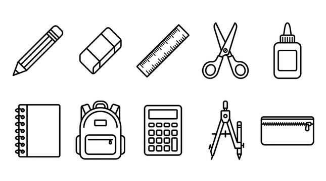 School supplies icons set featuring essential education tools for learning and study in a simple black outline vector