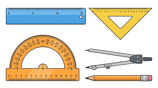 School supplies including ruler protractor compass and pencil arranged for geometry education and technical drawing