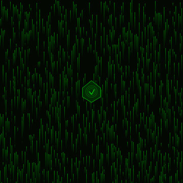 Abstract Matrix Cyber Security Background with Glowing Hexagon Checkmark Icon