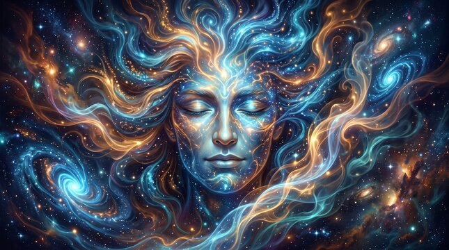 Cosmic Consciousness - A Womans Face Merged with the Universe.
