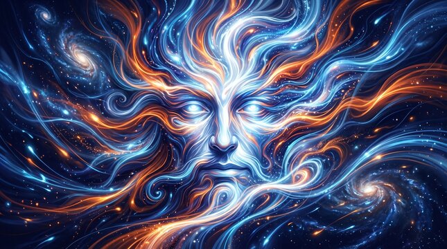 Cosmic Consciousness - Ethereal Face Amidst Swirling Galactic Energy and Stardust.