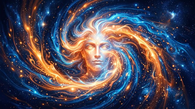 Cosmic Consciousness - Ethereal Face Amidst Swirling Galaxy of Light and Stars.