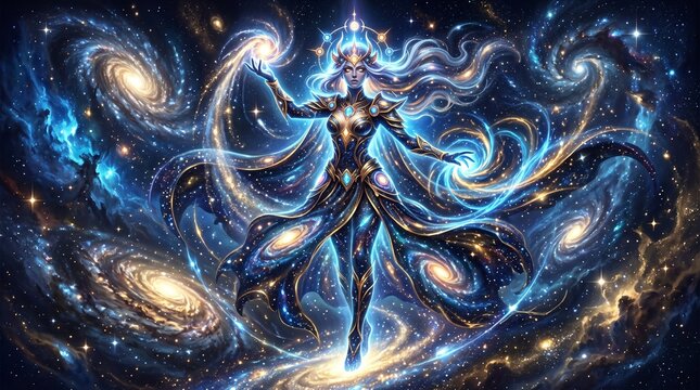 Cosmic Goddess - Ethereal Being Amidst Swirling Galaxies and Celestial Wonders.