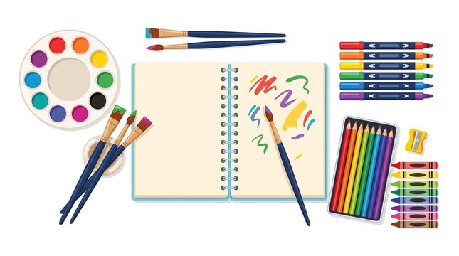 School supplies arranged around an open sketchbook for creative drawing and painting activities on a white background