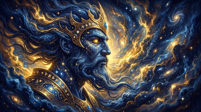 Cosmic King - A Celestial Portrait of a Bearded Deity with Golden Crown and Starry Visage.
