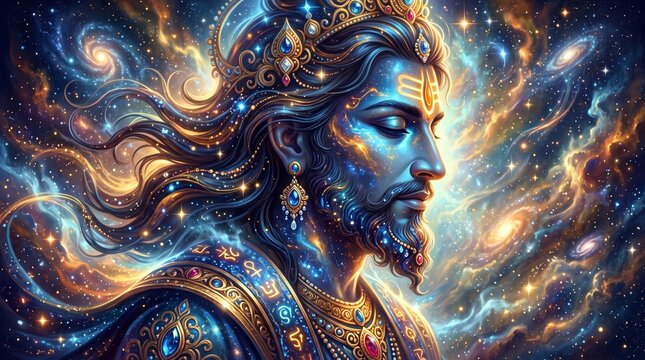 Divine Cosmic Being with Ornate Crown and Flowing Starry Hair.