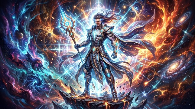 Cosmic Sorcerer Unleashing Elemental Power in a Vibrant Fantasy Realm.