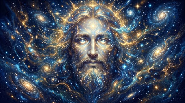 Divine Cosmic Jesus Christ Face in Starry Universe, Spiritual Enlightenment, Galaxy Swirls, Mystical Light, Sacred Energy, Celestial Vision.