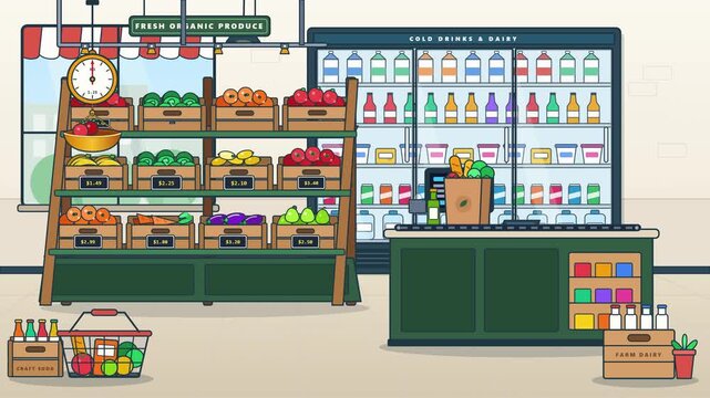 Animated Vector Grocery Store Interior with Organic Fresh Produce Shelves and Cold Drink Refrigerator