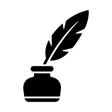 feather quill pen resting in a traditional inkwell glyph icon