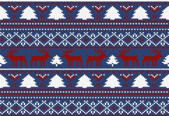 Christmas sweater pattern with red reindeer and white pine trees on blue knitted fabric texture background © Design by Azharul