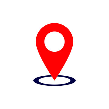 Red map location pin icon with dark blue base ring for navigation and travel design