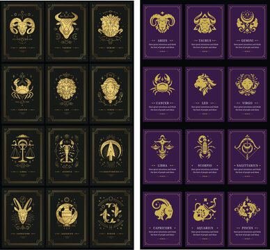 Zodiac astrology card designs with celestial elements and star signs