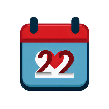 Calendar icon with heart and number 22 isolated on white background