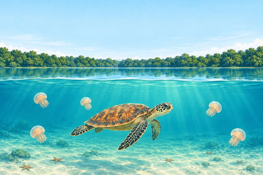 Haji Buang lake hawksbill turtle jellyfish flat illustration