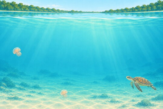 Haji Buang lake turtle flat illustration background copy space