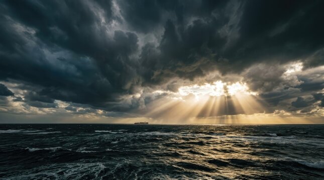 Sunlight pierces through a dramatic, dark storm cloud formation over a vast ocean. A ship is visible in the distance, navigating through the turbulent waves.