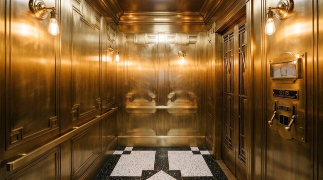Interior of Pristine Empty 1920s Art Deco Elevator Featuring Polished Brushed Brass Walls Geometric Black and White Terrazzo Flooring Vintage Filament Bulbs Glow JPG
