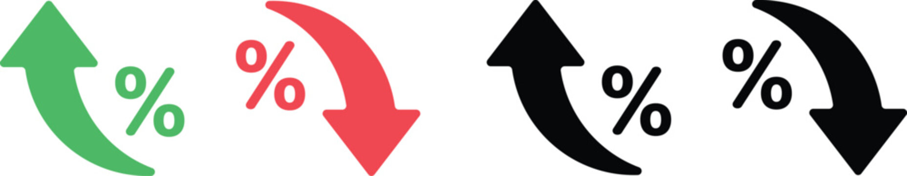 Curved Percent Arrow Icons, Green Rise and Red Fall Percent, Business Growth Rate Symbol Set