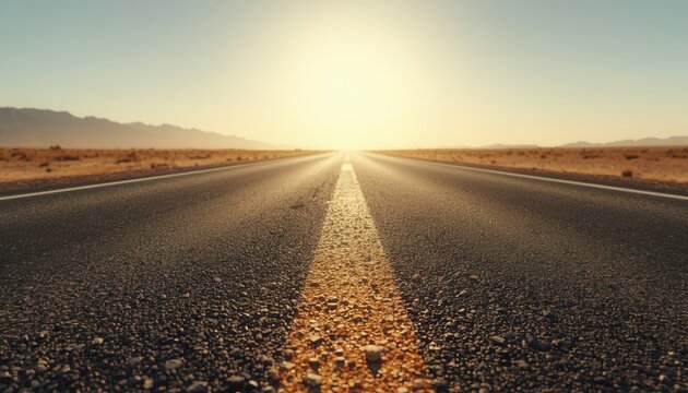 Endless Horizon: An empty asphalt highway stretches towards a brilliant, sun-drenched horizon, framed by barren desert landscapes. The golden light casts long shadows.