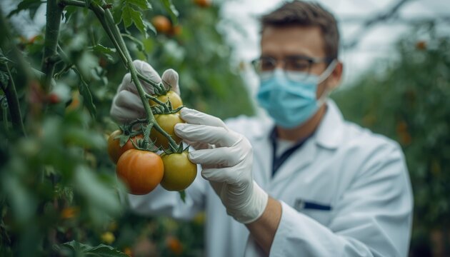 Greenhouse Scientist Examining Tomatoes: A scientist, wearing protective gear including a mask and gloves, meticulously inspects ripening tomatoes on a vine in a greenhouse environment.