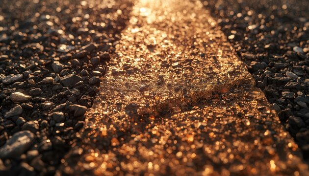 Golden Line on the Asphalt: A close-up macro shot reveals the textured surface of an asphalt road, highlighted by a bright golden stripe illuminated by the warm, late-afternoon sun.