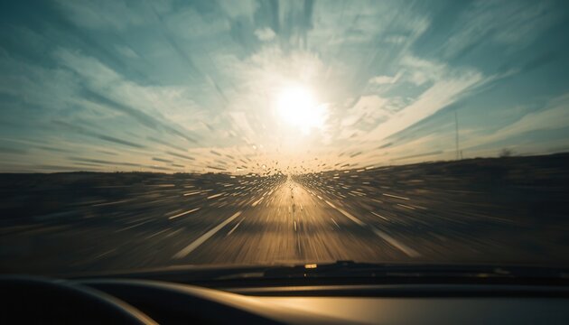 Sunrise Highway Journey: A dynamic, high-speed perspective from inside a vehicle on a highway at sunrise, with the sun bursting through streaking clouds, creating a sense of motion and adventure.