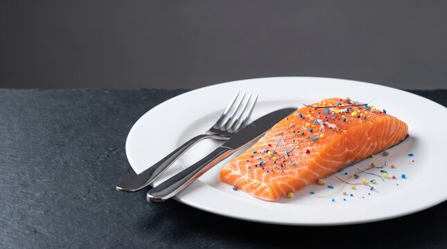 A fresh slice of salmon on a white dinner plate seasoned with colorful tiny microplastic fragments and plastic beads instead of herbs, symbolizing microplastic contamination in seafood and the human d
