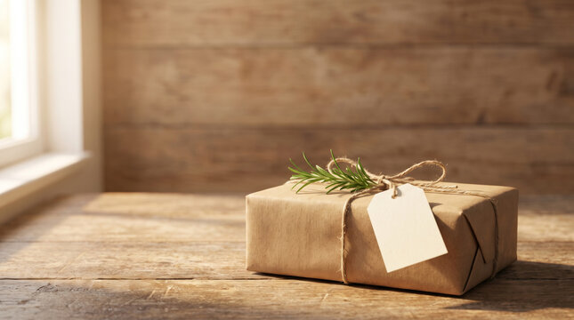 Kraft paper gift wrapping with blank tag and rosemary sprig wooden table, bathed warm natural light. Tied ribbon shipping parcel surprise giving wedding romance joy happiness