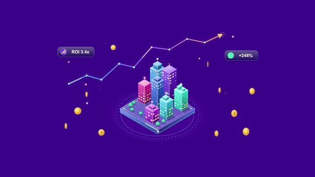 Isometric Real Estate Investment City Skyline Growth Chart ROI on Transparent Background