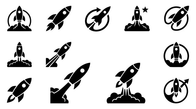 Set of rocket launch and space exploration startup business symbols with lift off icon black graphic design white background universe