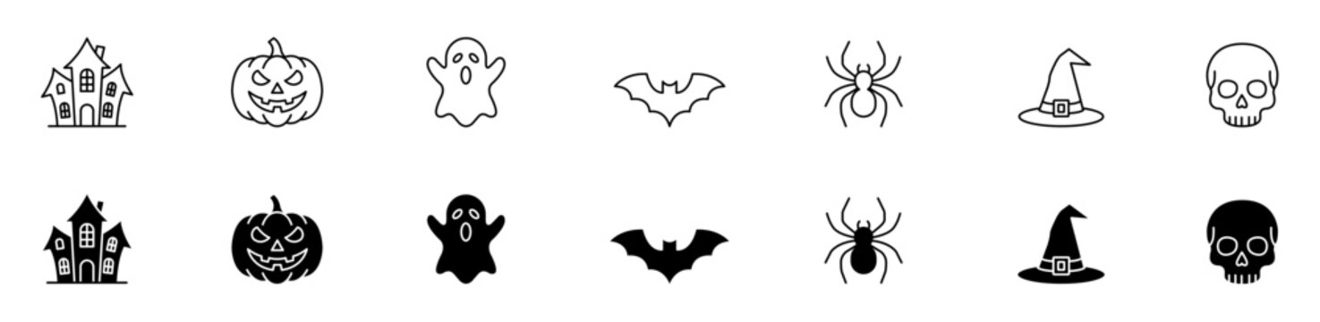 Halloween spooky holiday and horror event vector line and filled icon set with pumpkin, ghost, skull, and haunted house.