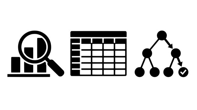 Data analysis and organization icons featuring a bar chart with magnifying glass a spreadsheet grid and a hierarchical decision tree structure with a checkmark