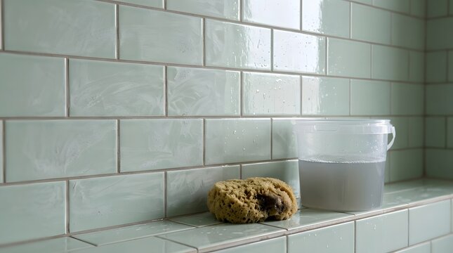 A natural cleaning sponge and plastic bucket of soapy water sitting on a light mint green tiled bathroom ledge with streaks on the wall surface for professional domestic house cleaning service