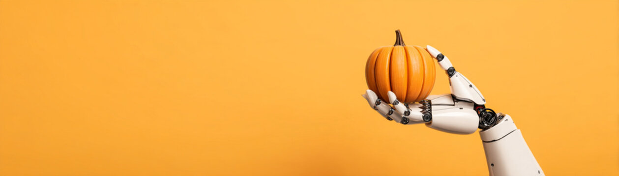 Robotic hand holding pumpkin with thanksgiving technology on warm orange background evokes seasonal innovation