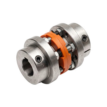 Industrial shaft coupling with orange elastomeric insert and metal flanges isolated on a transparent background