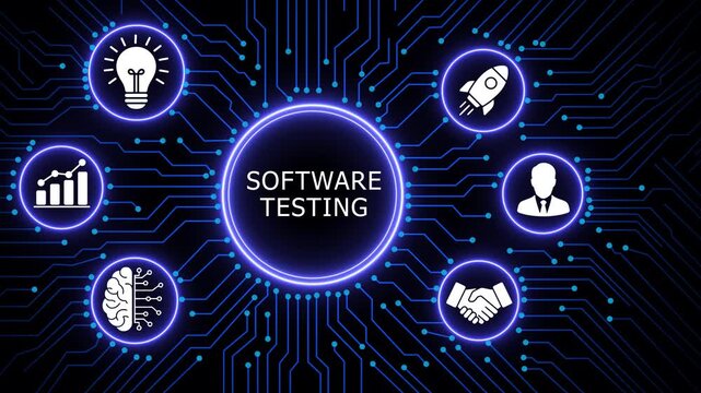 Software testing digital concept featuring animated circuit board background, with glowing representing, assurance, development lifecycle, automation, innovation, business, strategy, and technical
