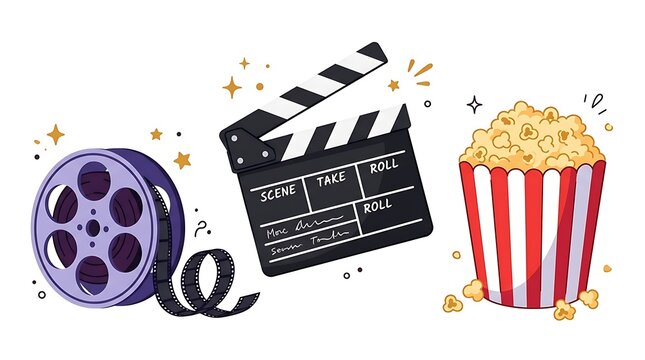 Movie clapperboard film reel and popcorn bucket illustration