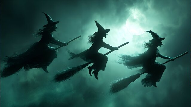 Three witches flying on broomsticks across full moon in dark cloudy night sky