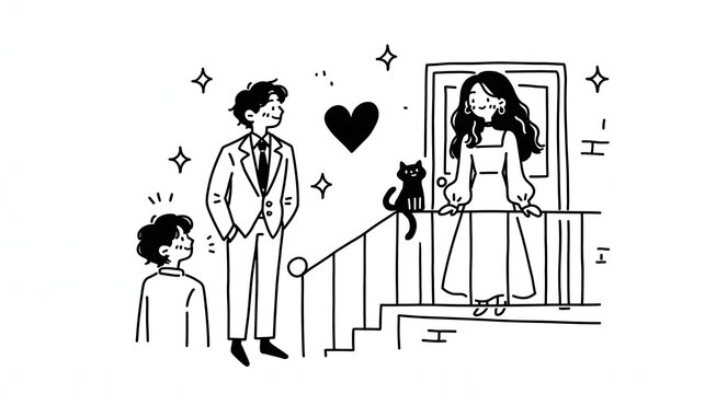 バルコニーの女性に一目惚れするスーツの男性と黒猫の線画イラスト