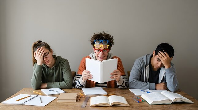 Eccentric student wearing multiple colorful glasses reading intensely while exhausted classmates hold their heads in frustration at a shared wooden study table.